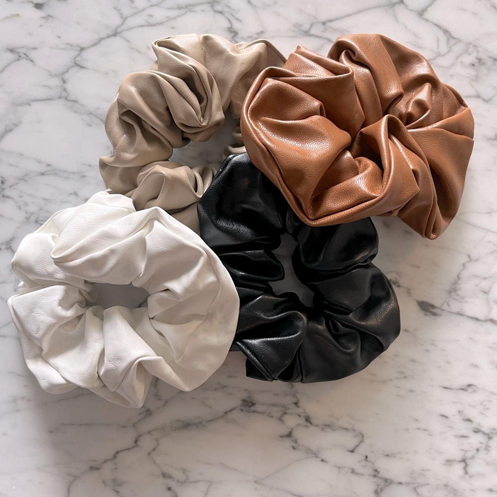 4 Pack Vegan Leather Large Hair Tie Scrunchies - Neutral Colour Pack - Handmade.